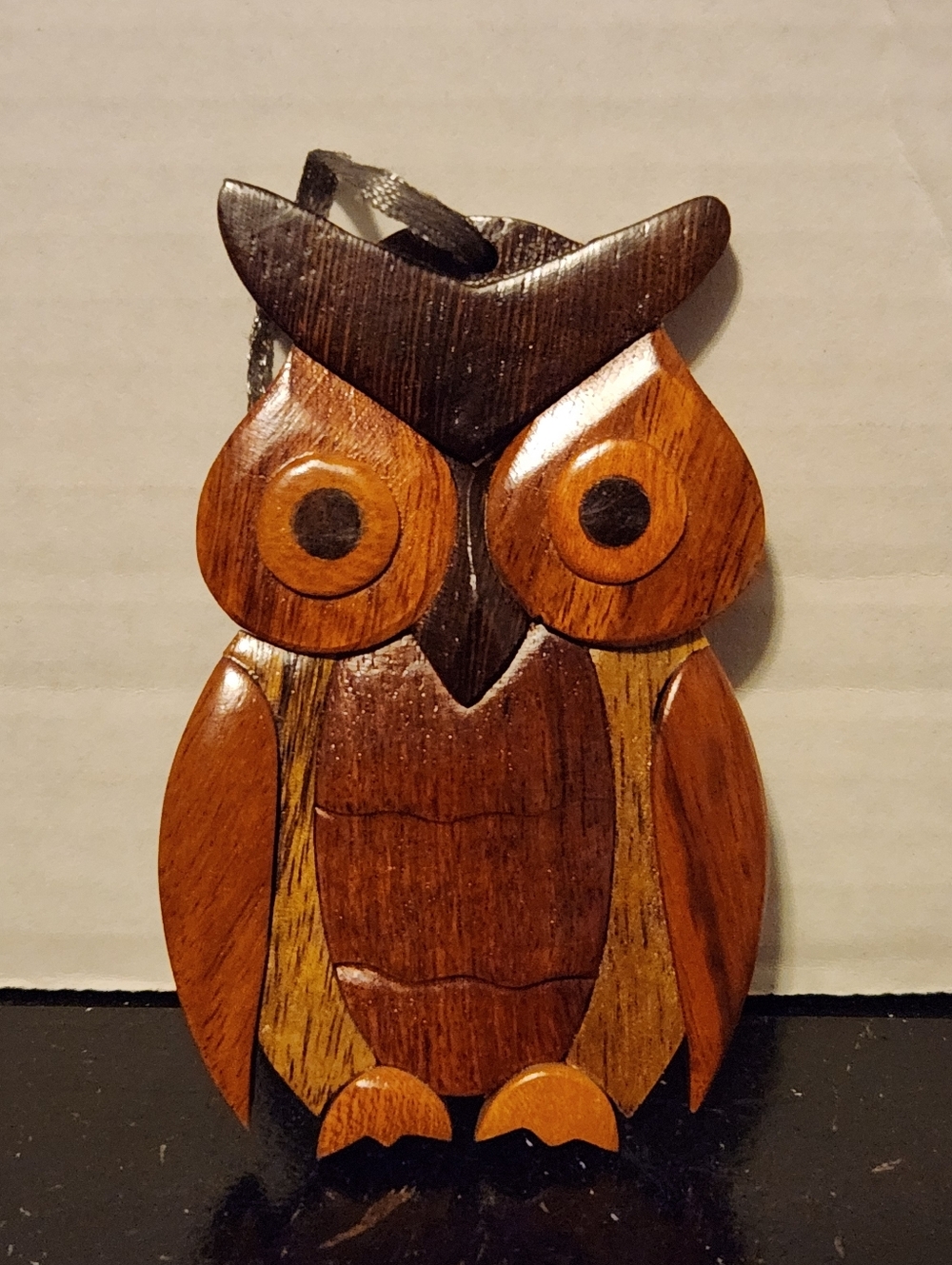Wooden Inlay Owl Ornament Natural Finish 2 Sided 3-3/4” Tall Handcrafted